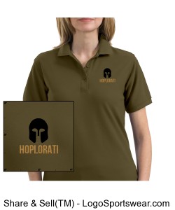 Women's Bark colored Silk Touch Polo with Hoplite Helmet and Hoplorati Wording Design Zoom